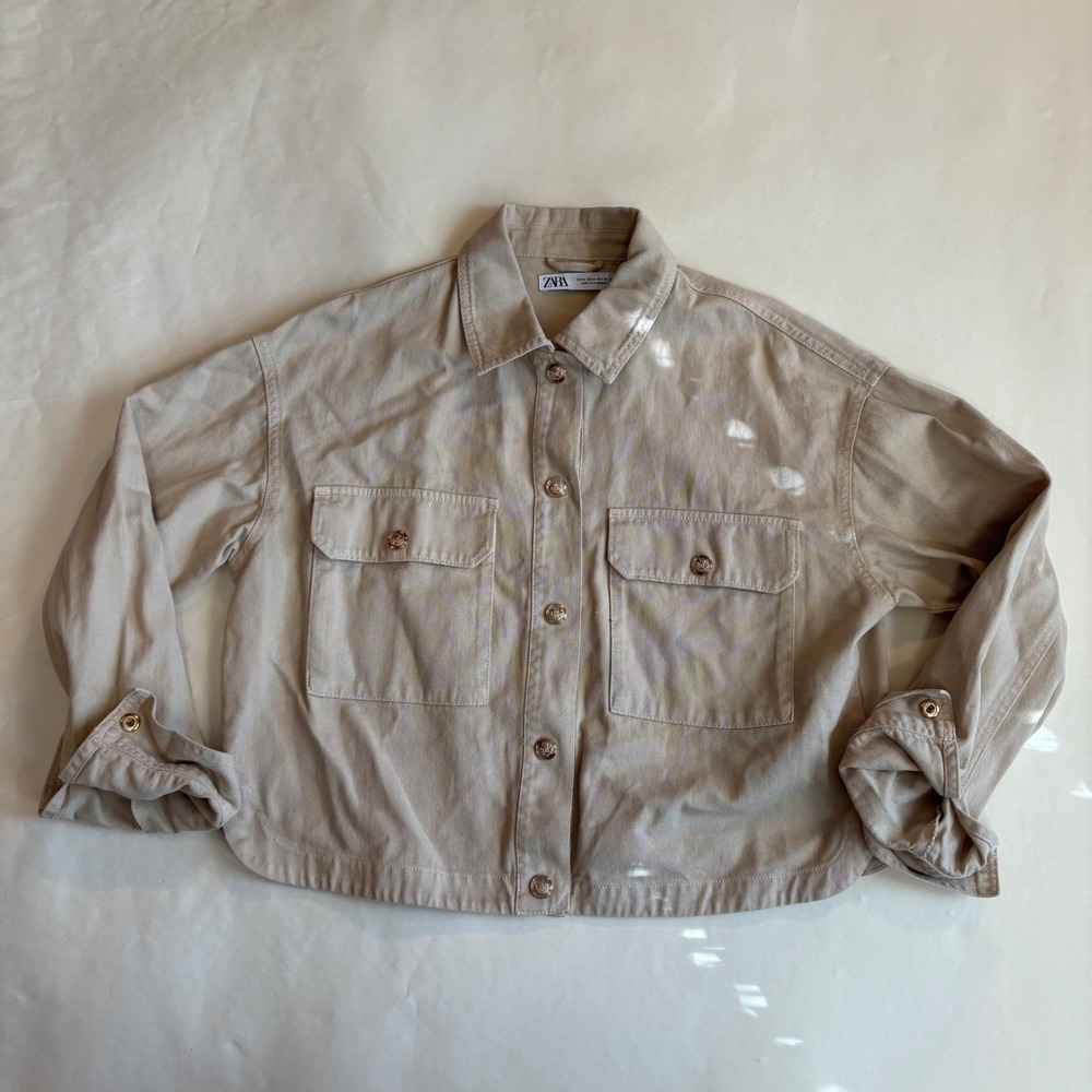 Zara Tan Cotton Utility Shirt Jacket Oversized Shacket Beige Medium